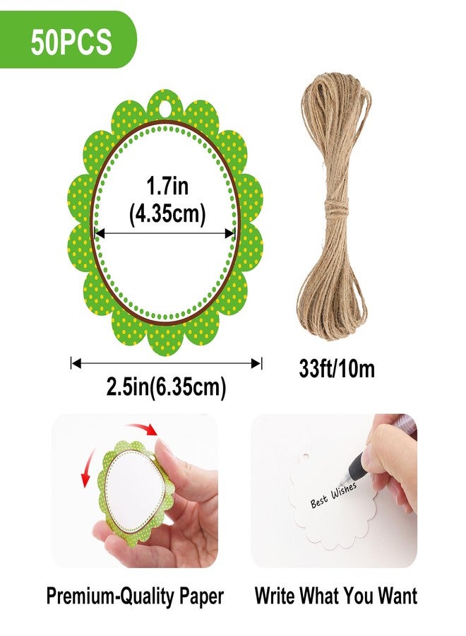 جيجاكرافت مجموعة جيه آي جيه كرافت من 50 قطعة من البطاقات الفارغة ذات الحواف المتموجة مع خيط - بطاقات هدايا دائرية بنقاط خضراء مقاس 2.5 بوصة، بطاقات ورقية بيضاء قابلة للكتابة لتغليف الهدايا، والأعمال اليدوية، والألعاب - Image 2